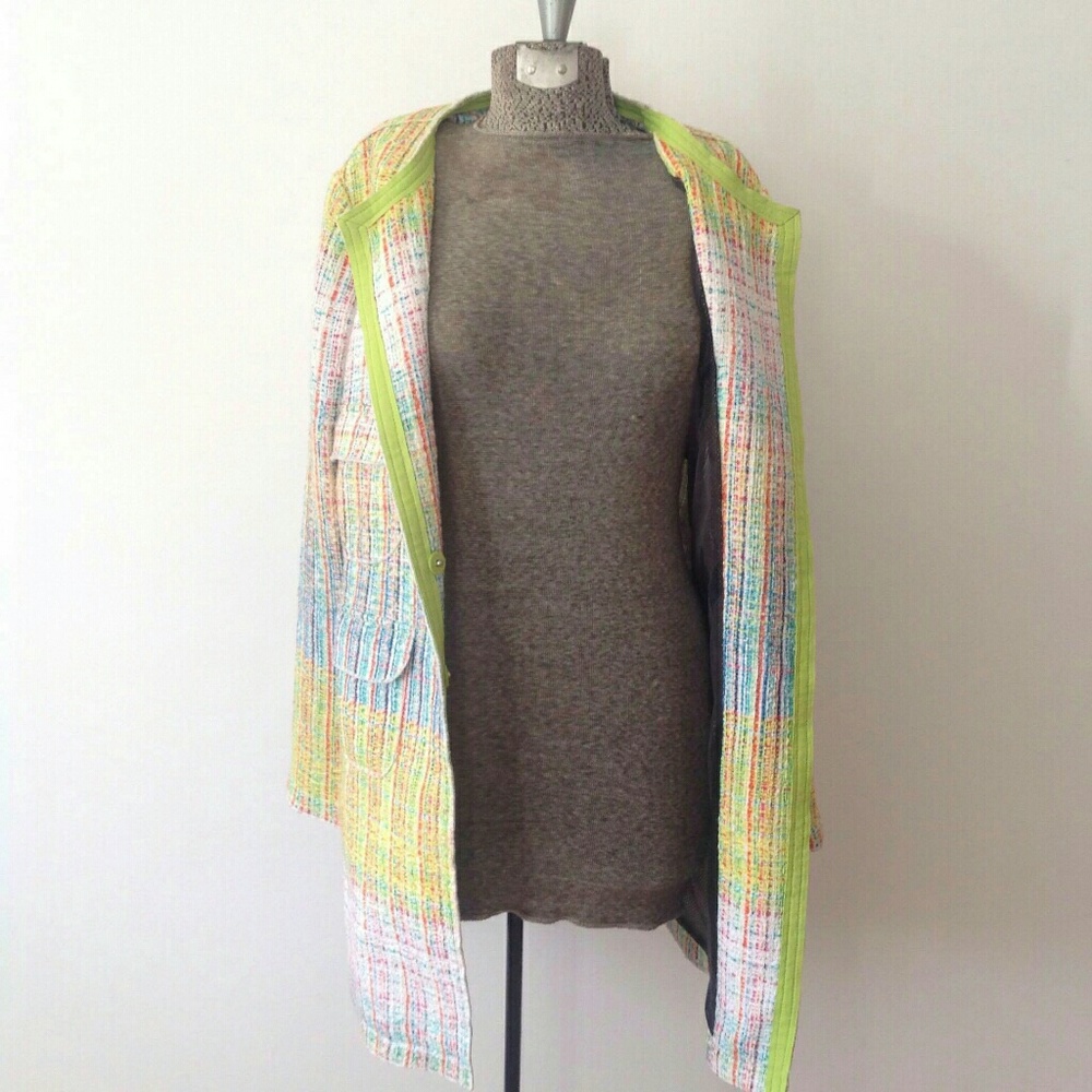 BLONDE No.8 STOCKHOLM Tweed Long Blazer Neon Trim Yellow Blue M Coat - Picture 5 of 16